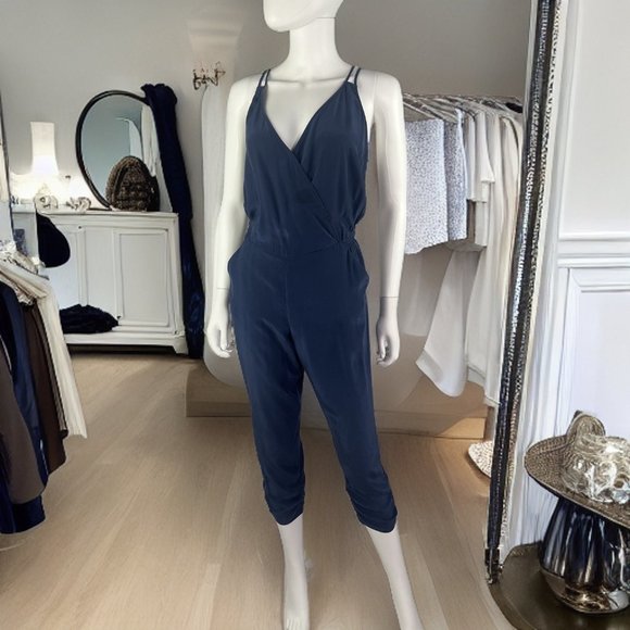Amanda Uprichard 100% Silk Faux-Wrap Jumpsuit | Navy Blue | Size S - Picture 1 of 8